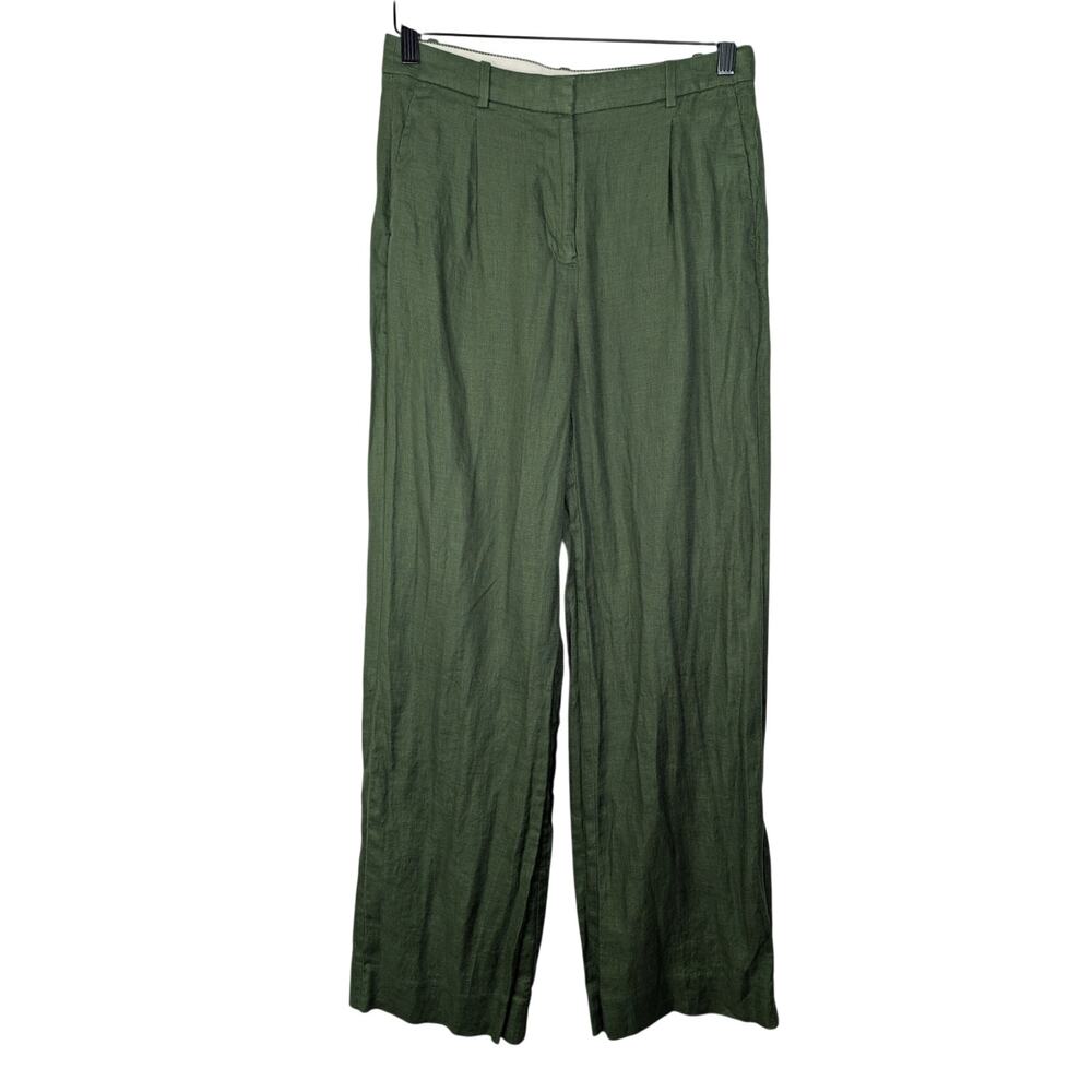 J. Crew Green Linen Pleated Essential Wide Leg Pant Boho Minimalist Academia